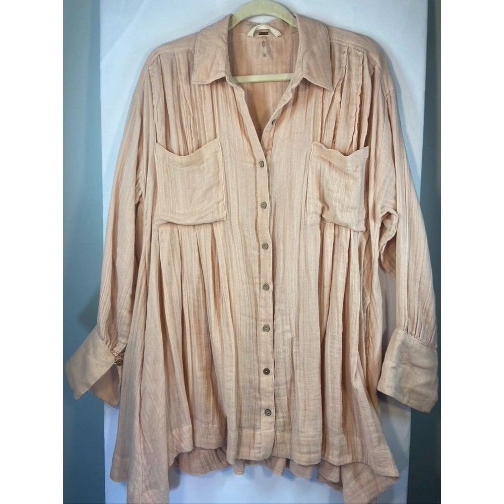 FREE PEOPLE WOMENS SZ X SMALL OVERSIZE BLUSH GAUZE LONG SLEEVE MINI DRESS
